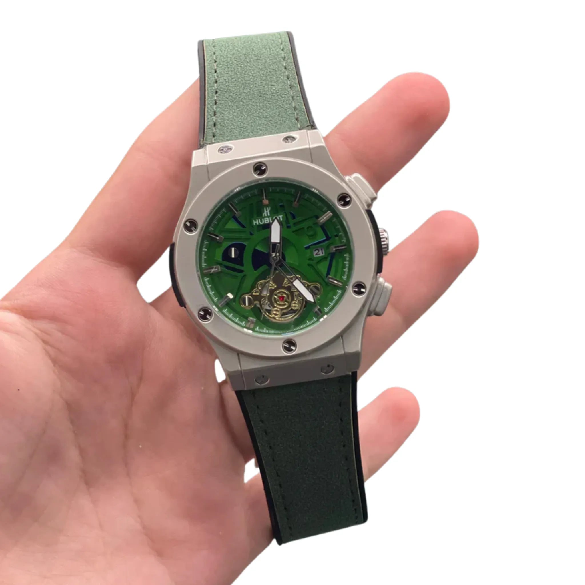 HB Green Skeleton Dial Automatic Watch – Matte Gray Luxury Edition