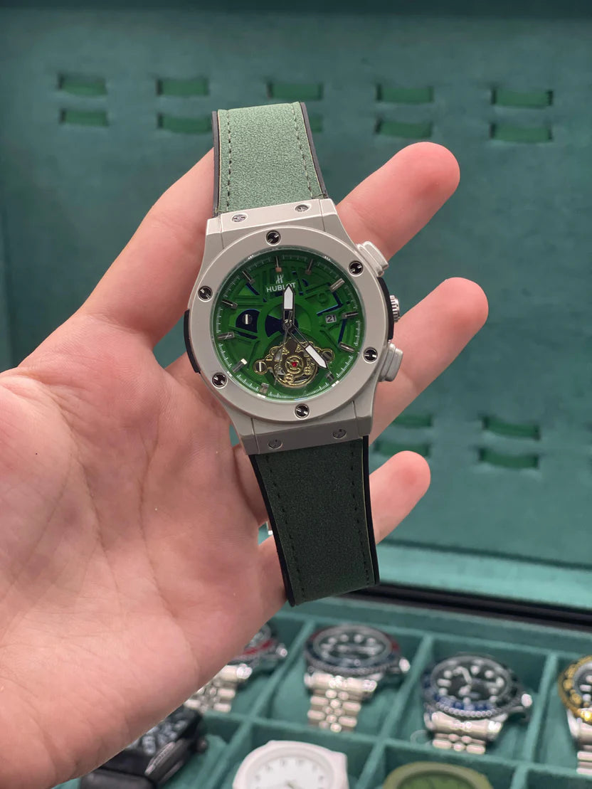 HB Green Skeleton Dial Automatic Watch – Matte Gray Luxury Edition