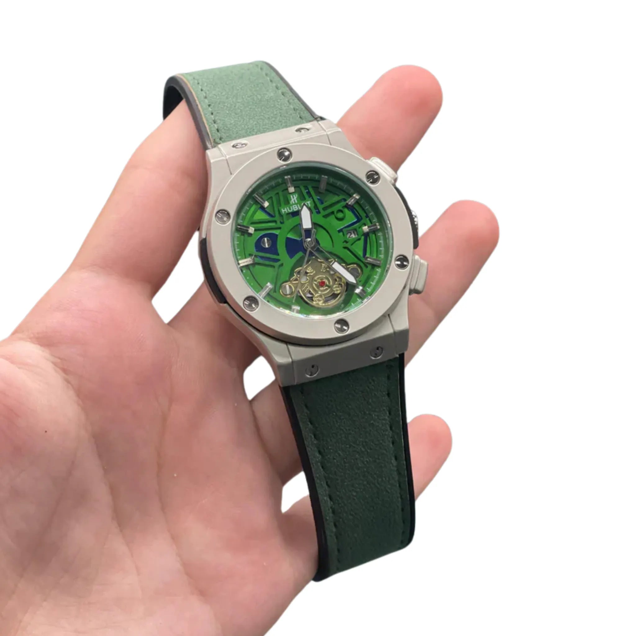 HB Green Skeleton Dial Automatic Watch – Matte Gray Luxury Edition