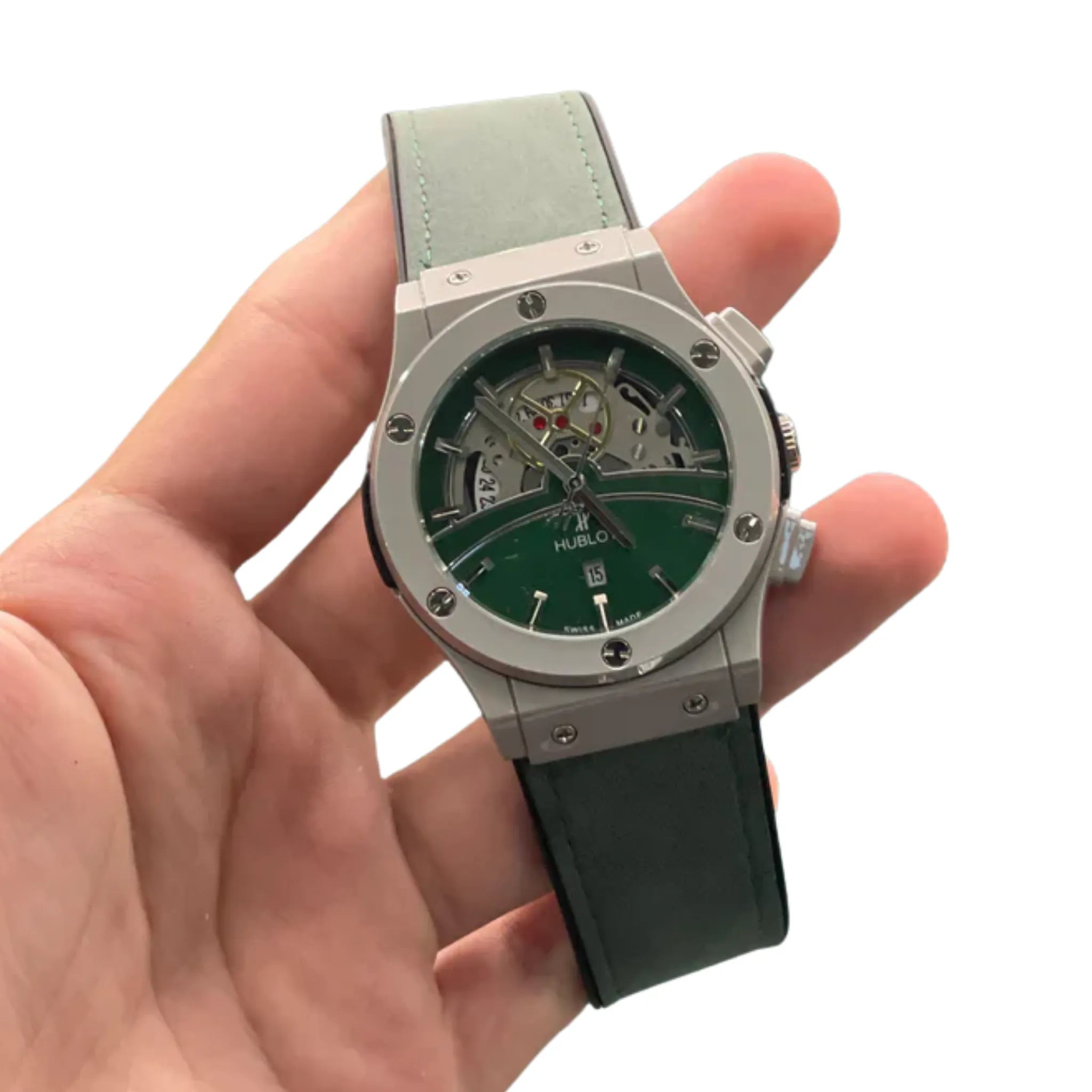 HB Green Skeleton Dial Automatic Watch with Matte Gray Case and Leather Strap