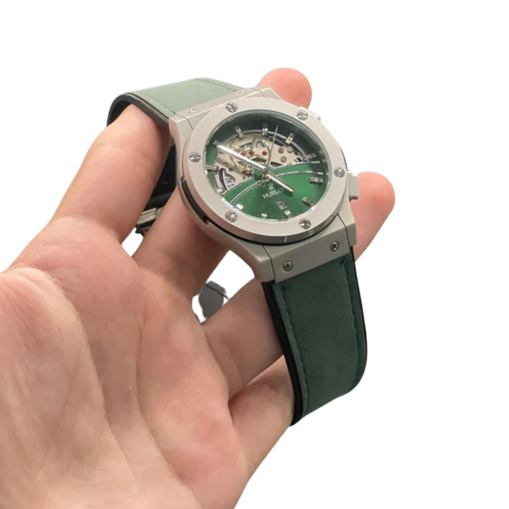 HB Green Skeleton Dial Automatic Watch with Matte Gray Case and Leather Strap