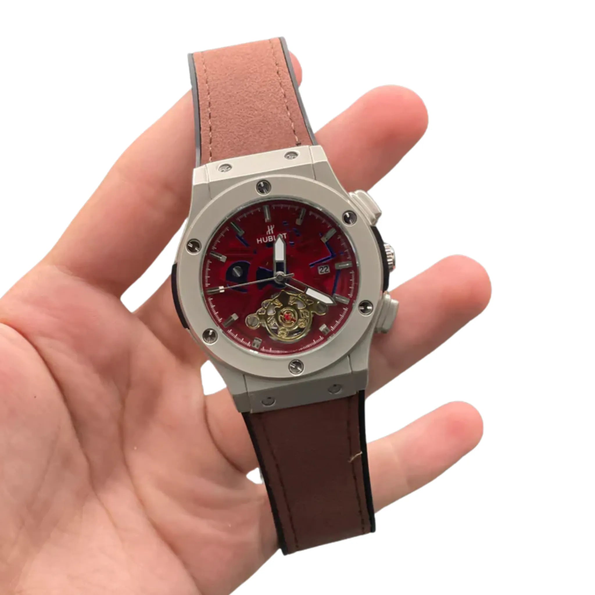 HB Red Skeleton Dial Automatic Watch – Matte Gray Luxury Edition