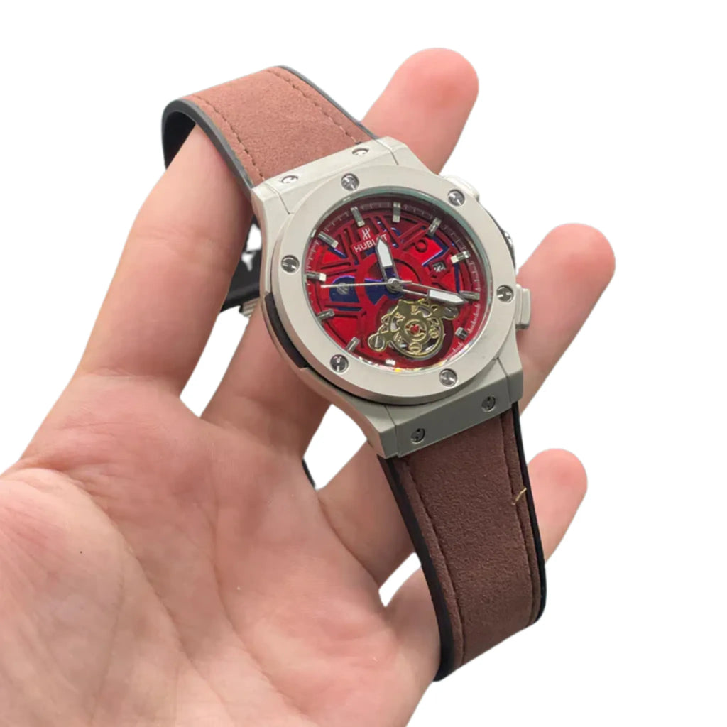 HB Red Skeleton Dial Automatic Watch – Matte Gray Luxury Edition