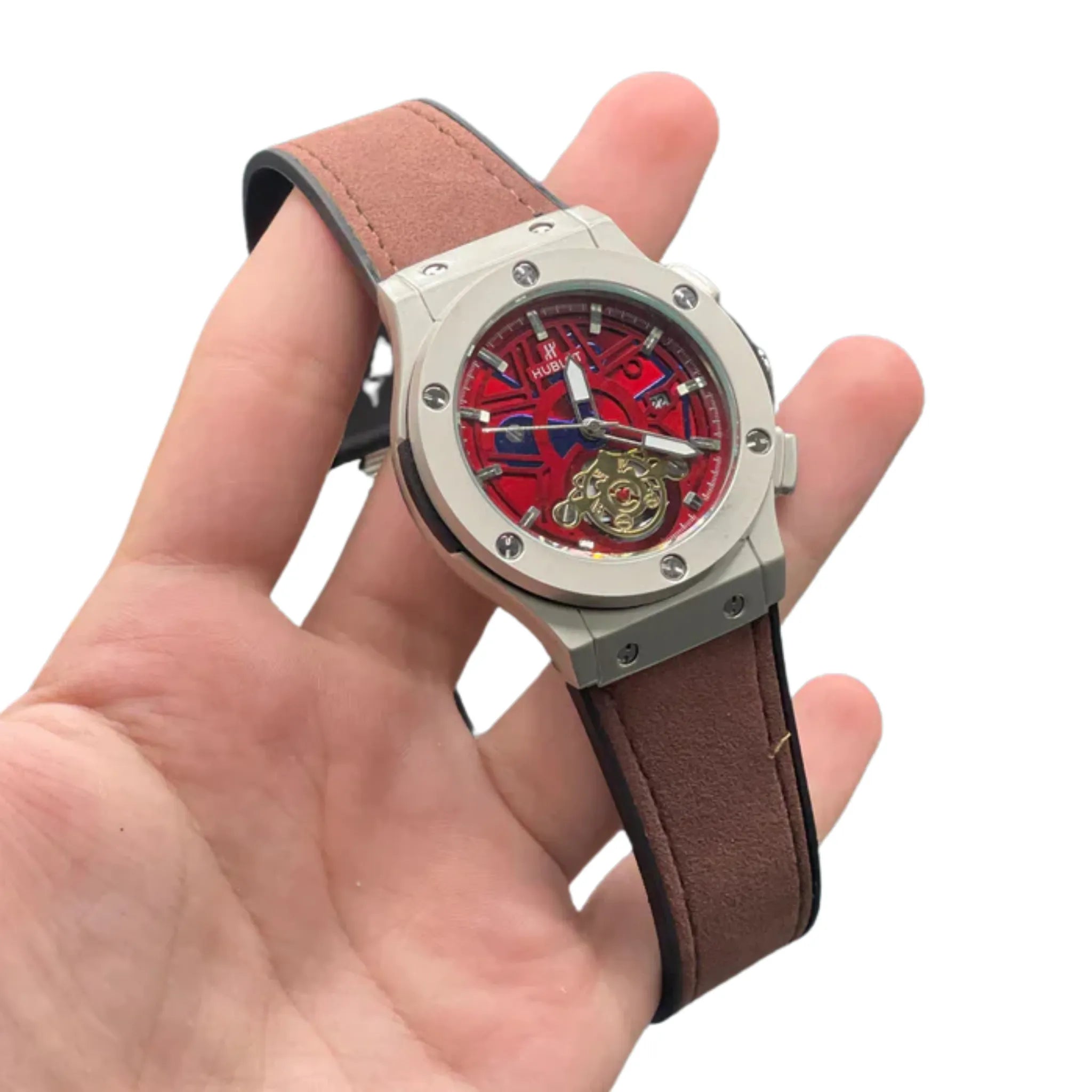 HB Red Skeleton Dial Automatic Watch – Matte Gray Luxury Edition