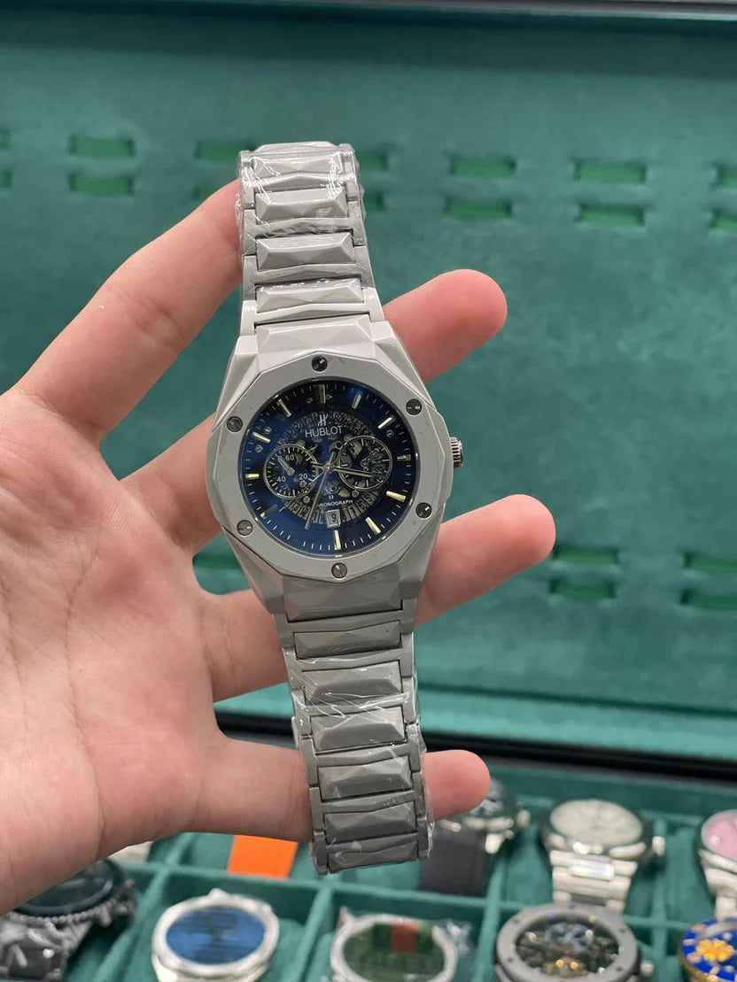 HB Silver Chain Black Chronograph Dial Watch