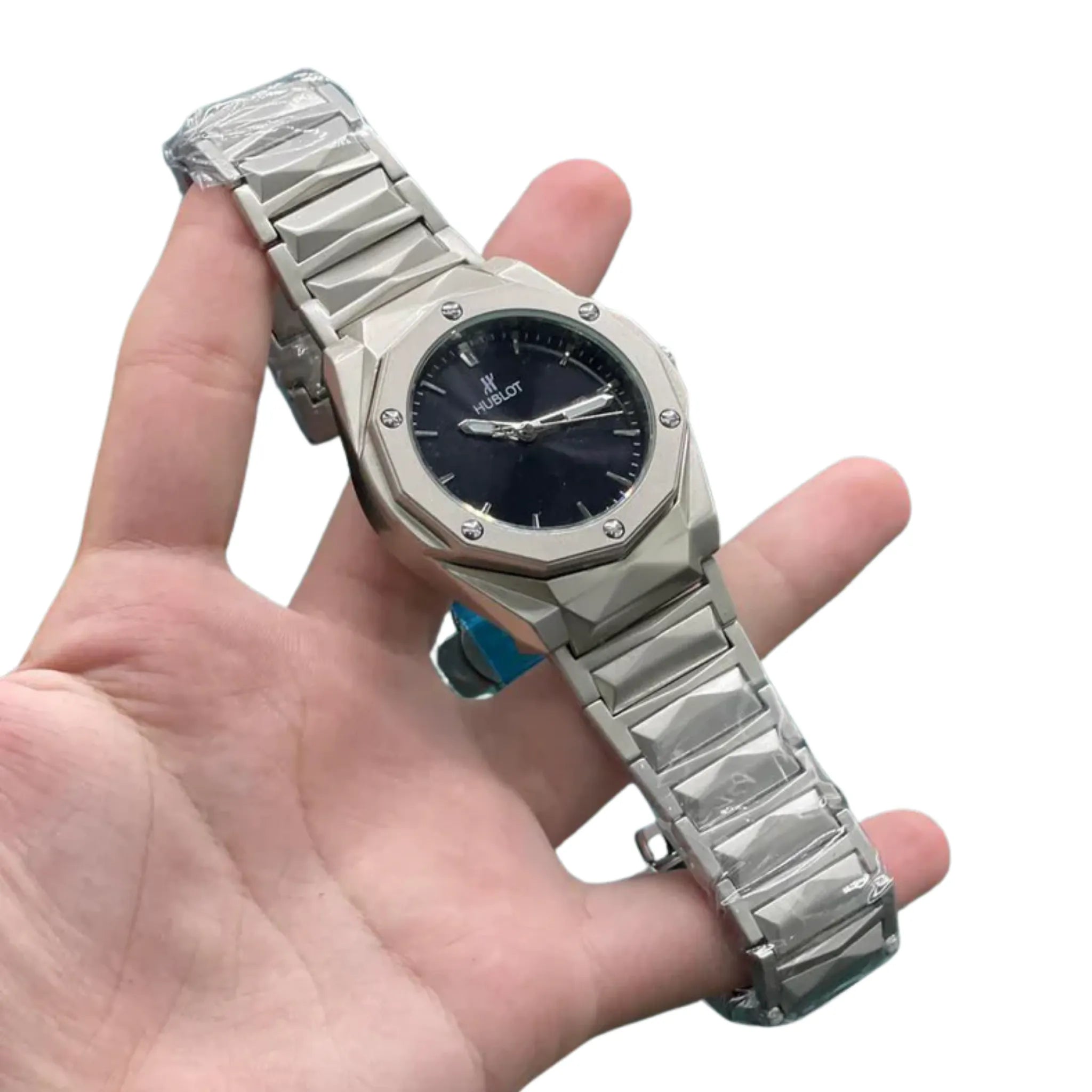 HB Silver Chain Black Plain Dial Watch – Luxury Sport Stainless Steel Edition