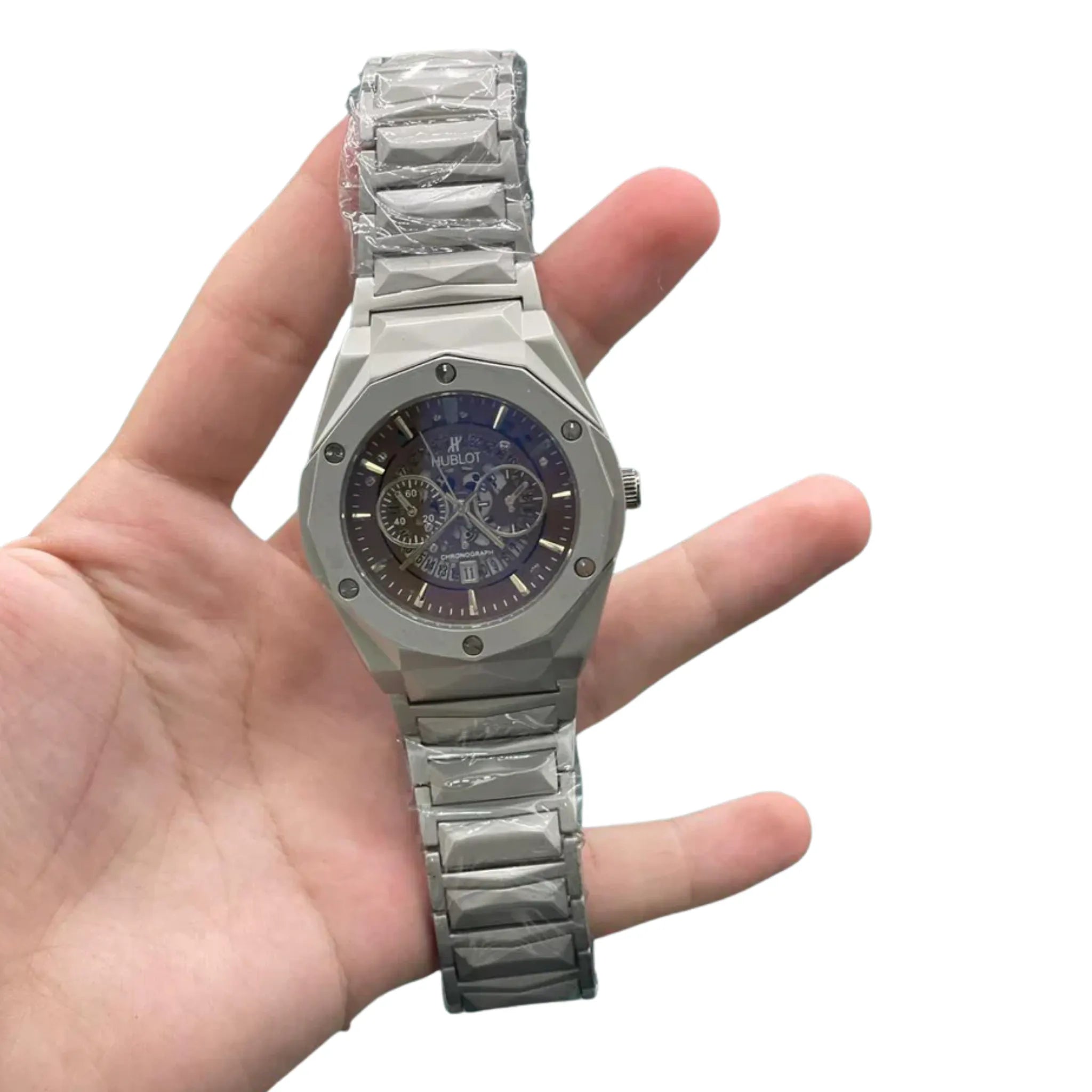 HB Silver Chain Chronograph Brown Dial Watch – Luxury Sport Skeleton Edition