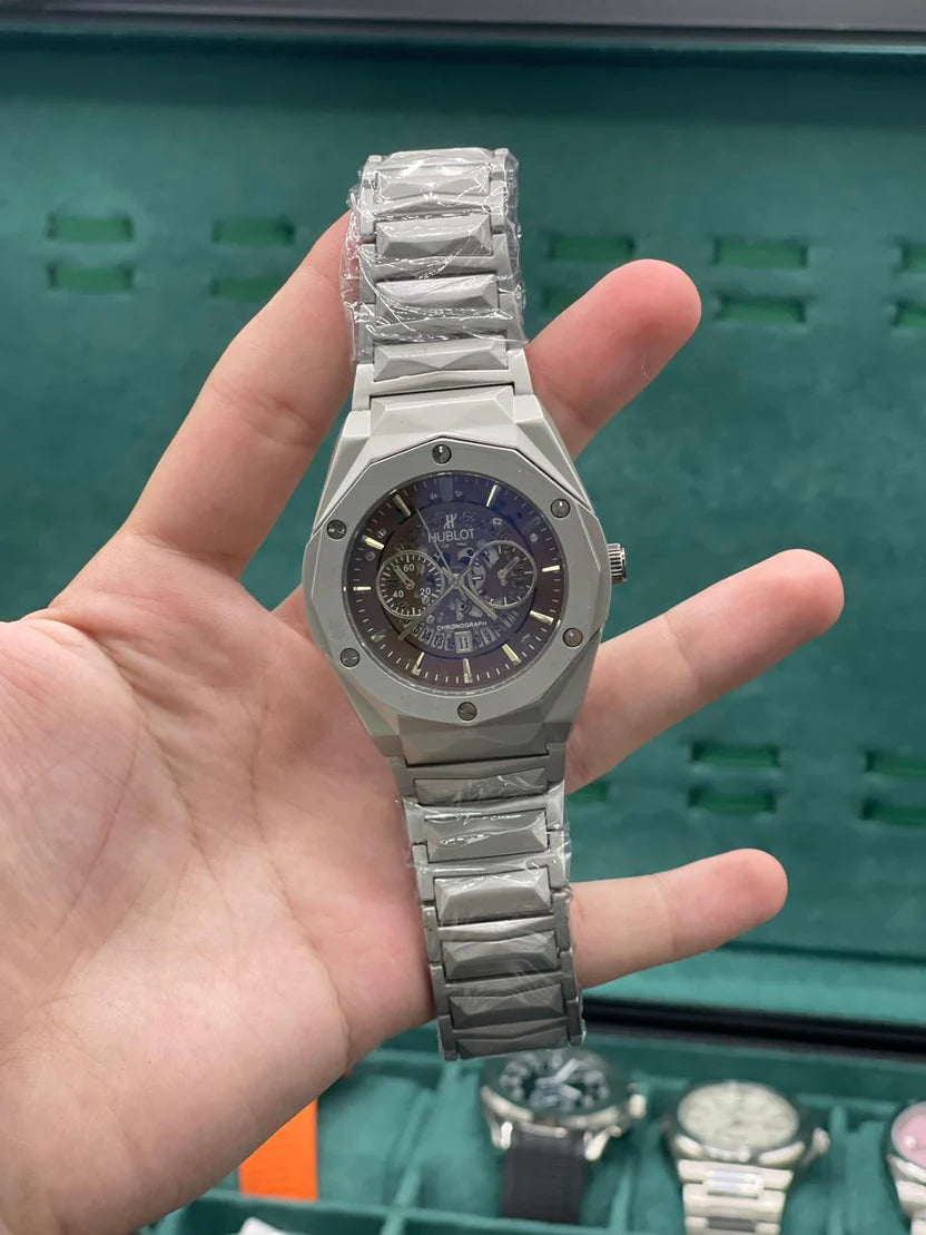 HB Silver Chain Chronograph Brown Dial Watch – Luxury Sport Skeleton Edition