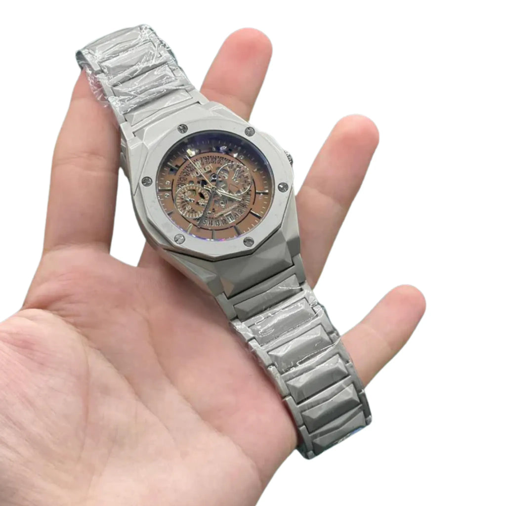 HB Silver Chain Chronograph Brown Dial Watch – Luxury Sport Skeleton Edition