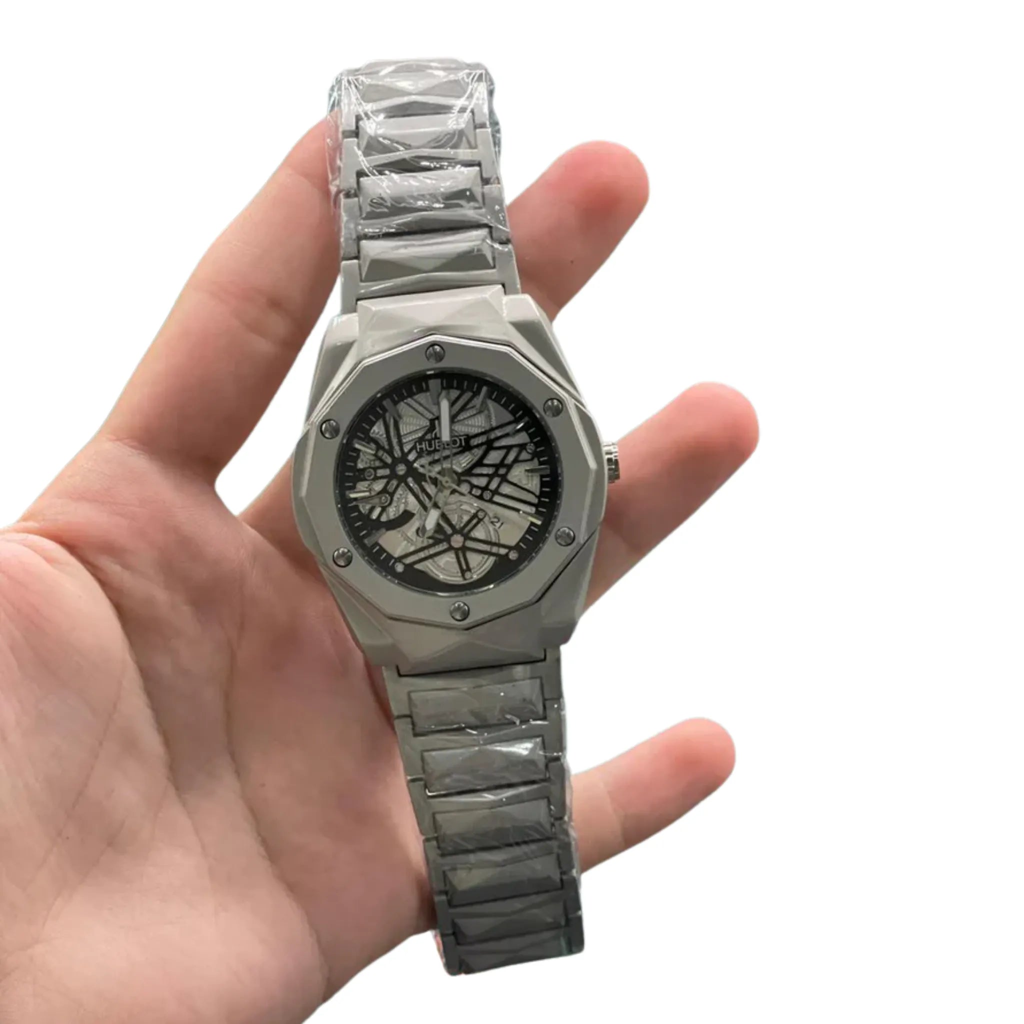 HB Silver Chain Diamond Cut Black Dial Watch – Luxury Sport Edition