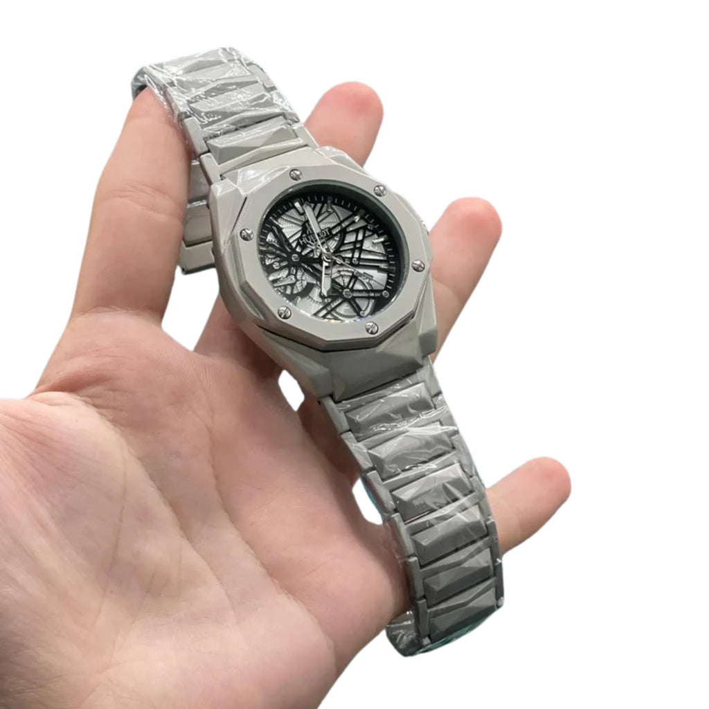 HB Silver Chain Diamond Cut Black Dial Watch – Luxury Sport Edition