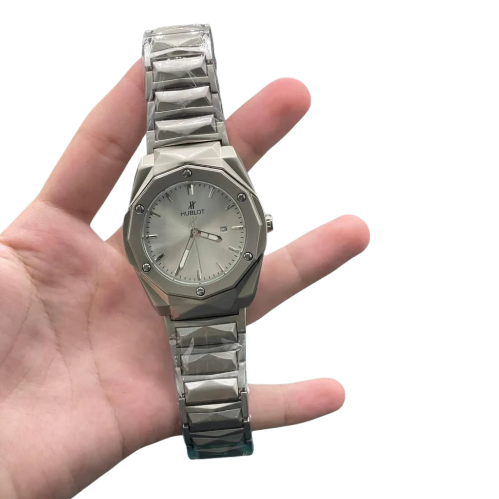 HB Silver Chain White Plain Dial Watch – Luxury Sport Titanium Edition