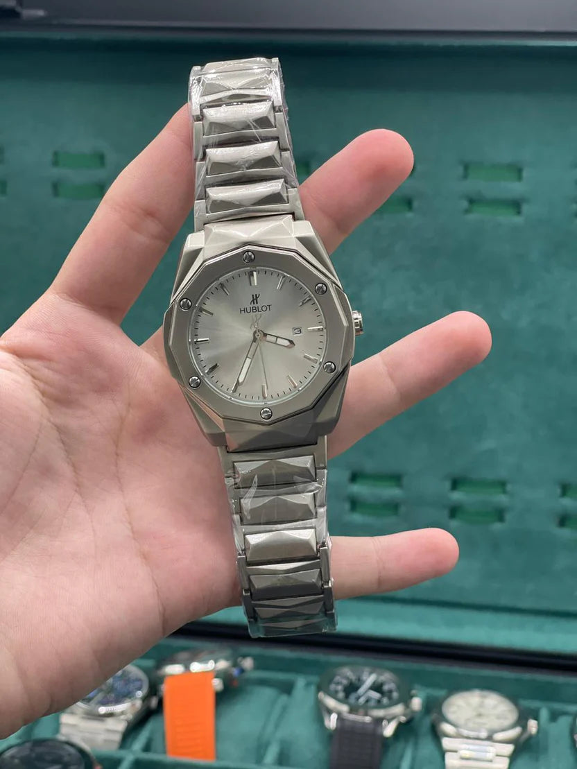 HB Silver Chain White Plain Dial Watch – Luxury Sport Titanium Edition