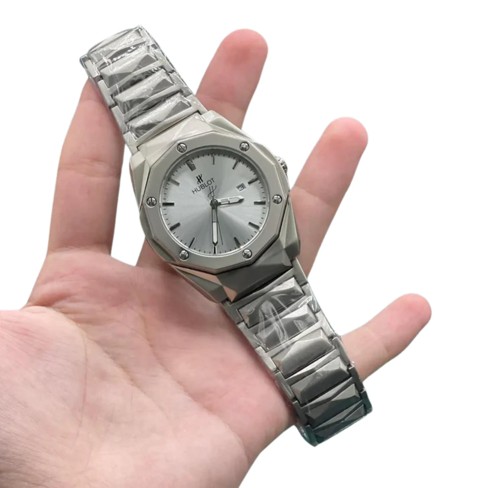 HB Silver Chain White Plain Dial Watch – Luxury Sport Titanium Edition