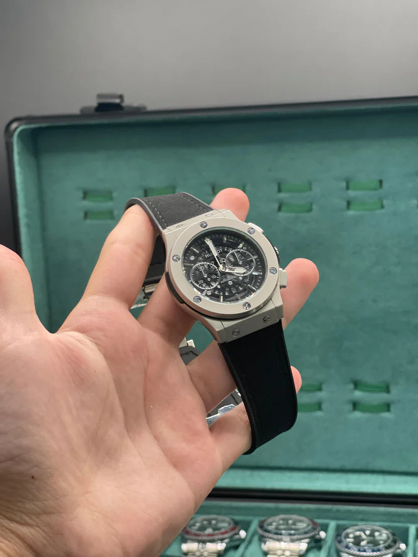 HB Black Strap Black Dial Chronograph Watch – Matte Gray Luxury Edition