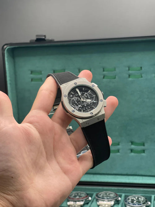 HB Black Strap Black Dial Chronograph Watch – Matte Gray Luxury Edition