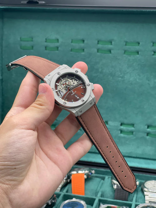 HB Brown Leather Strap Brown Skeleton Dial Automatic Watch – Matte Gray Luxury Edition