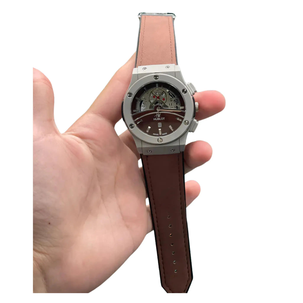 HB Brown Leather Strap Brown Skeleton Dial Automatic Watch – Matte Gray Luxury Edition