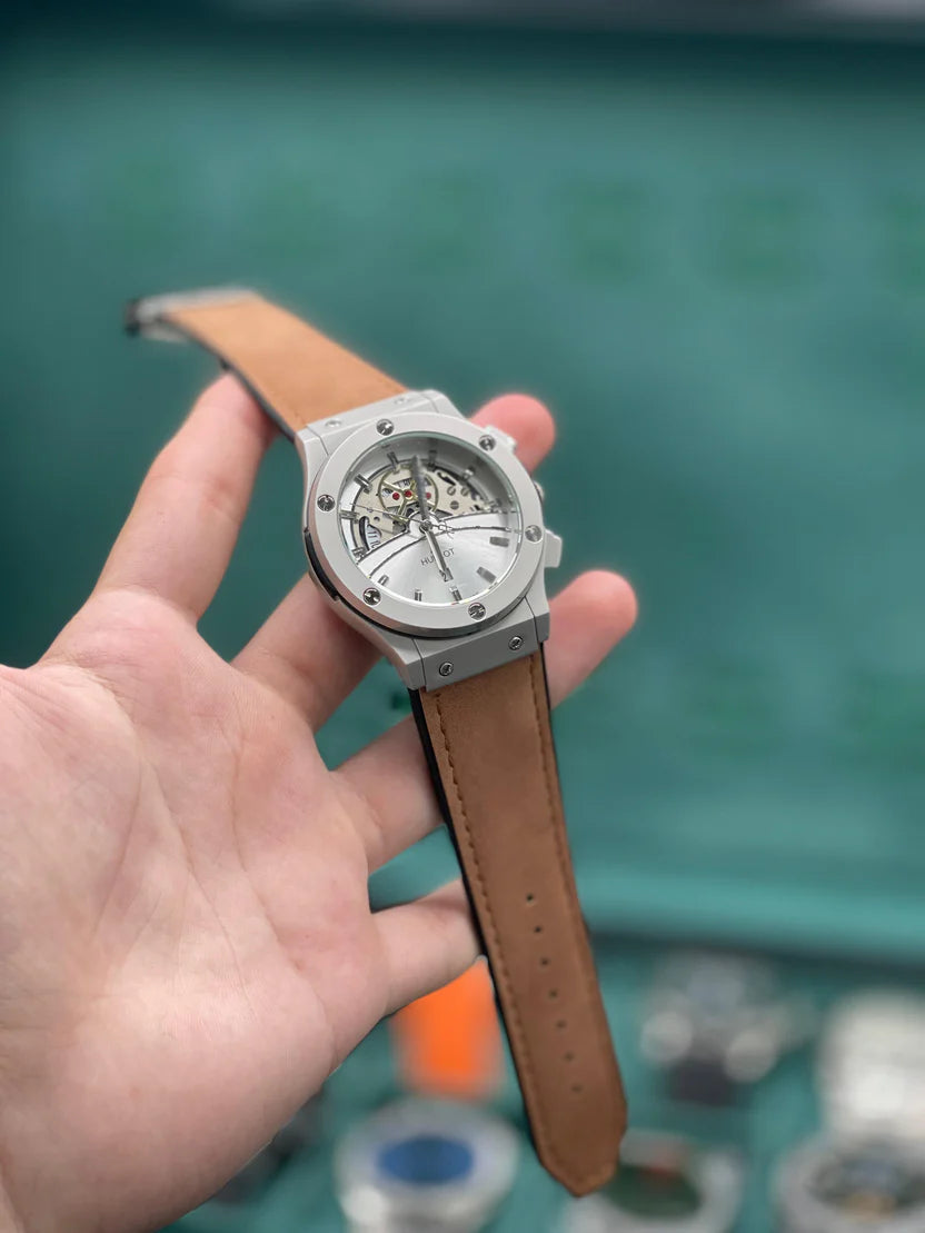 HB Brown Leather Strap Silver Skeleton Dial Chronograph Watch – Matte Gray Luxury Edition