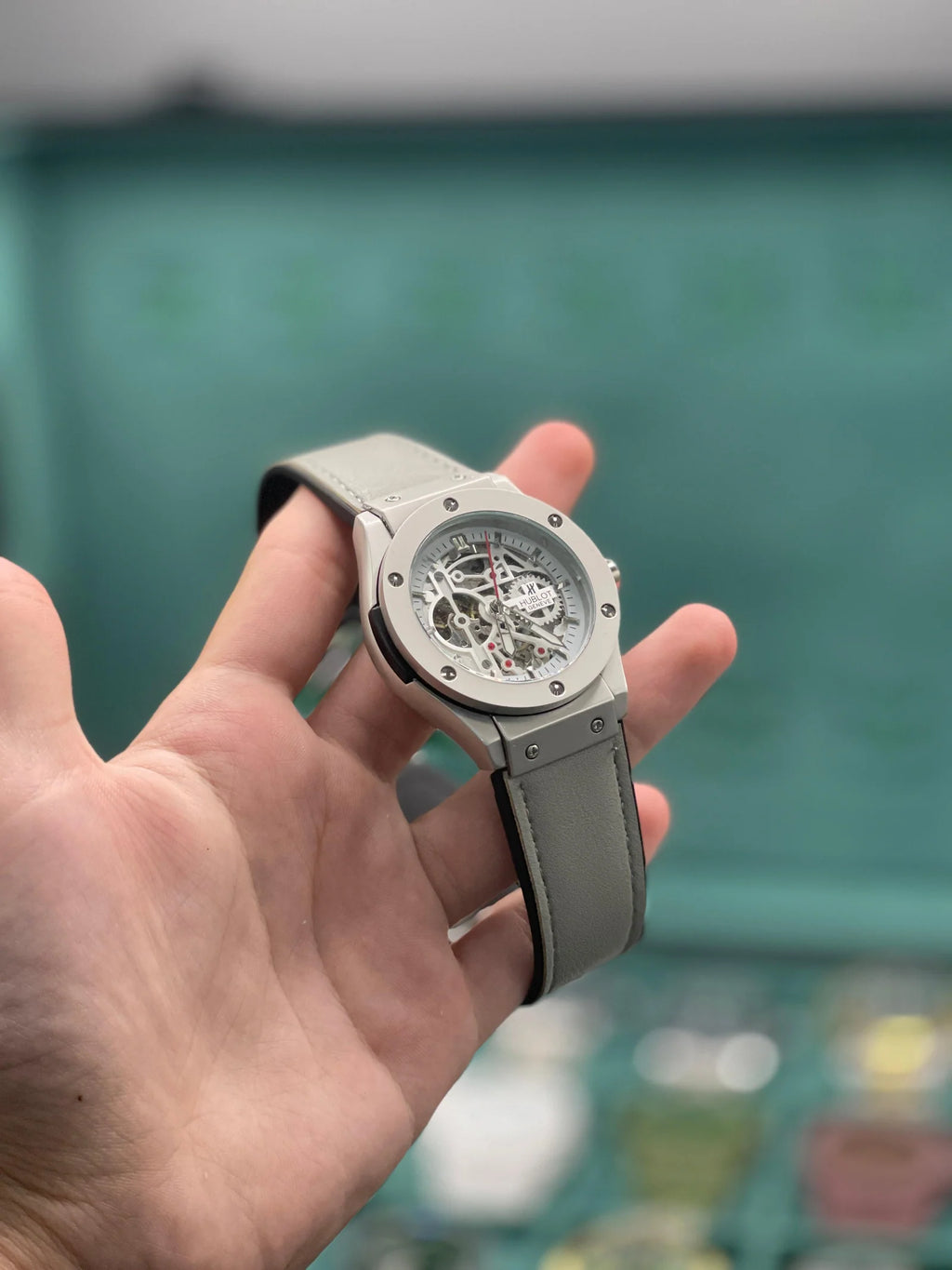 HB Gray Leather Strap Gray Skeleton Automatic Watch – Modern Luxury Edition