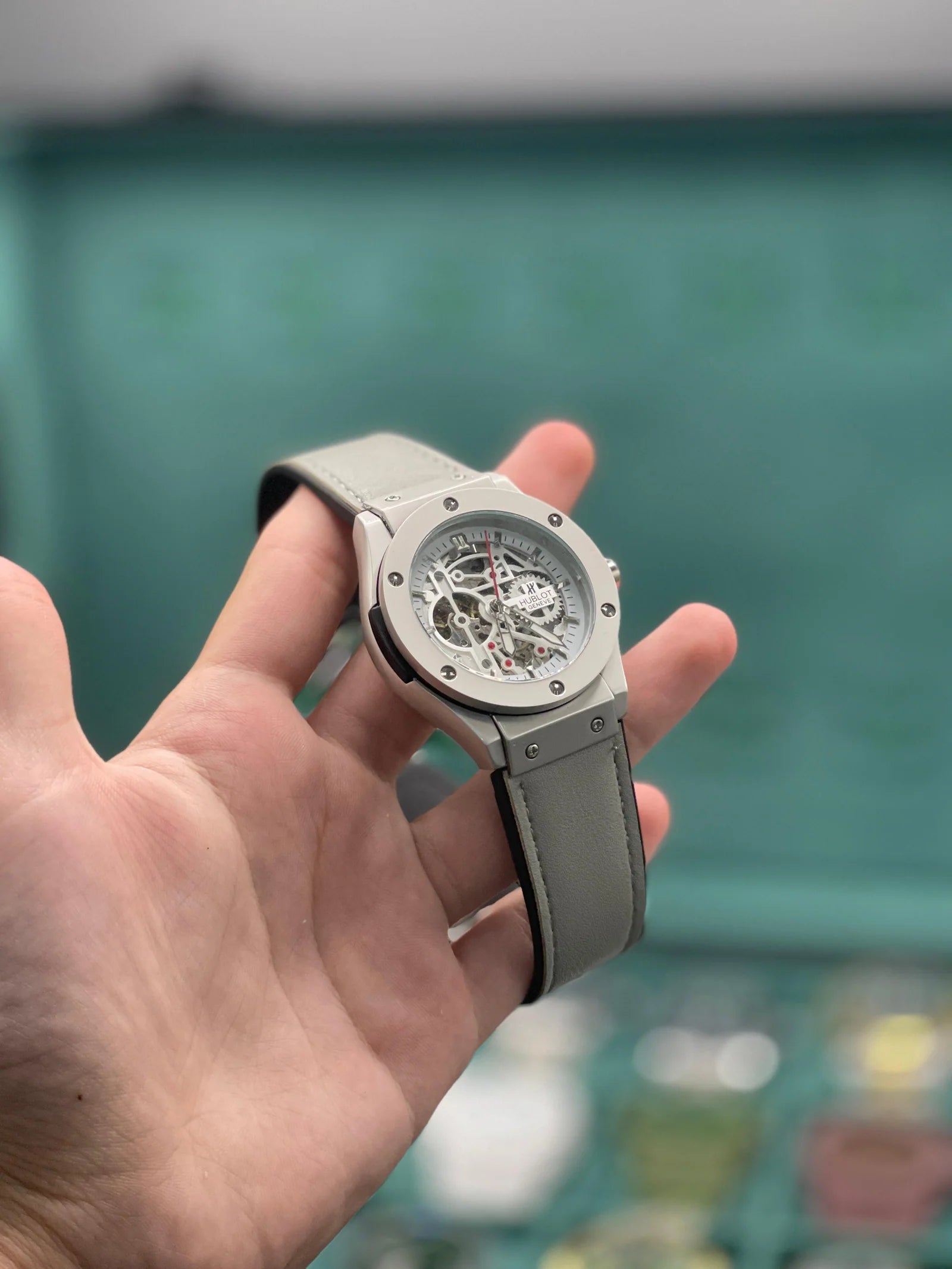 HB Gray Leather Strap Gray Skeleton Automatic Watch – Modern Luxury Edition
