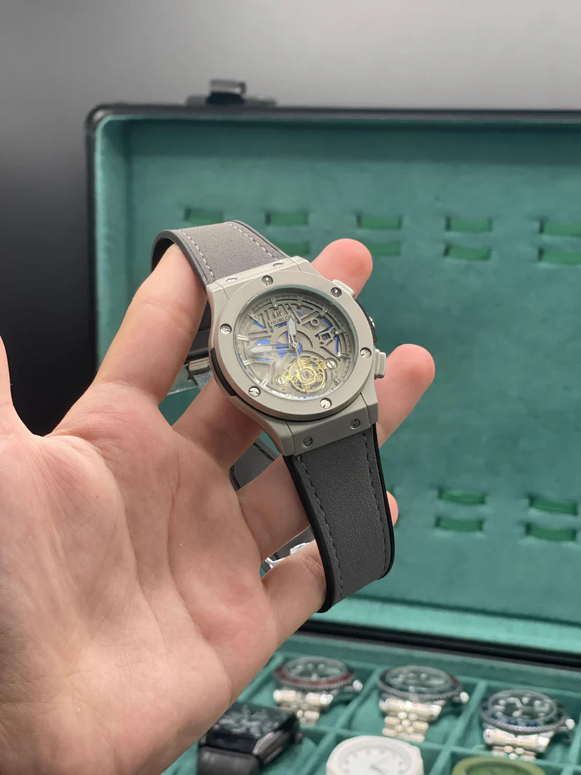 HB Gray Leather Strap Gray Skeleton Dial Automatic Watch – Blue Accent Luxury Edition