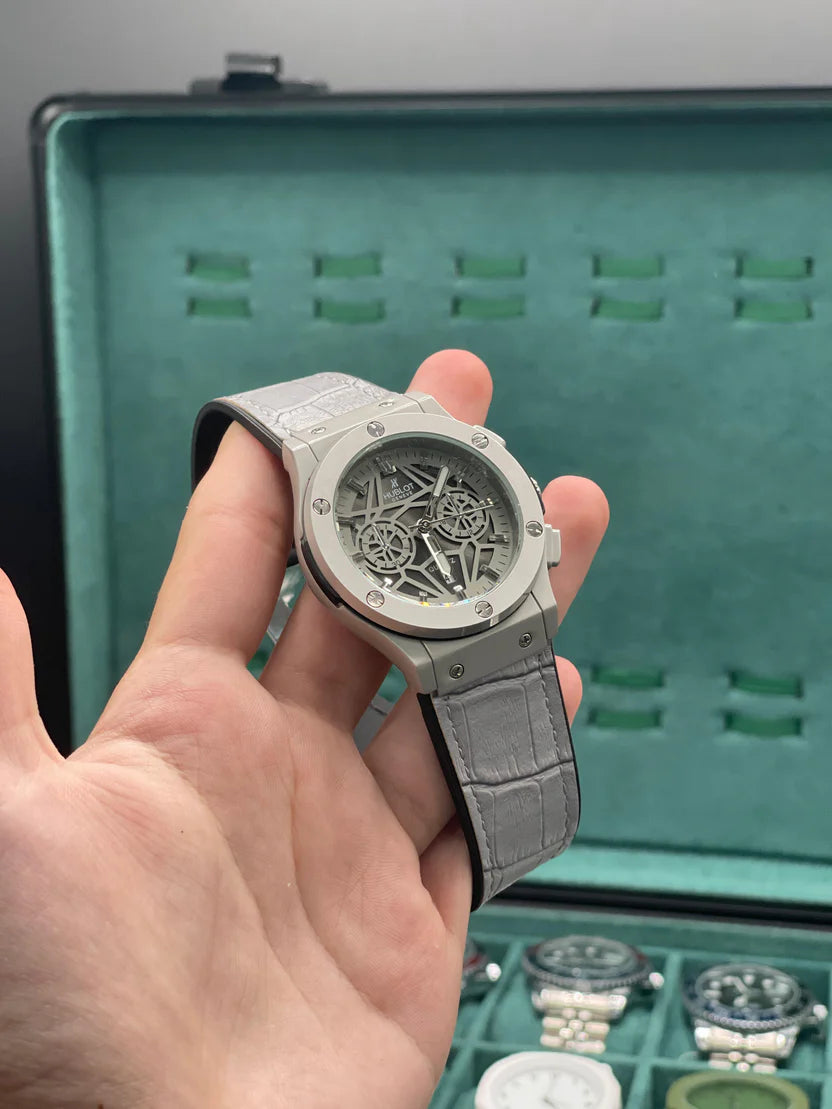 HB Gray Leather Strap Matte Gray Chronograph Watch – Luxury Sport Edition