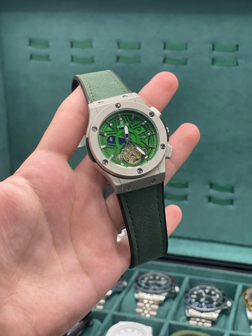 HB Green Skeleton Dial Automatic Watch – Matte Gray Luxury Edition