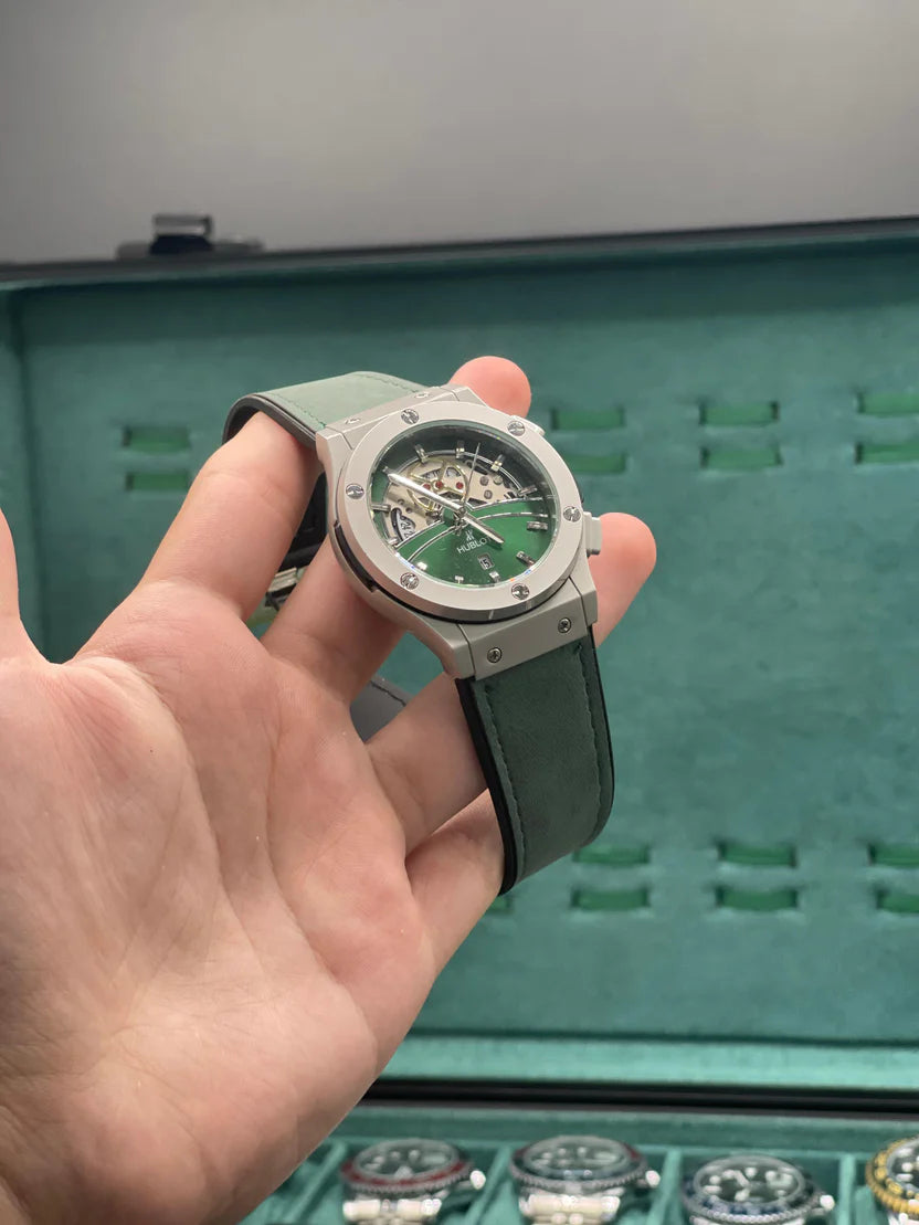 HB Green Skeleton Dial Automatic Watch with Matte Gray Case and Leather Strap