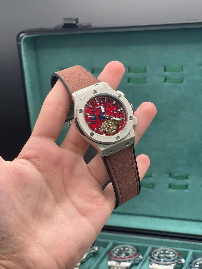 HB Red Skeleton Dial Automatic Watch – Matte Gray Luxury Edition