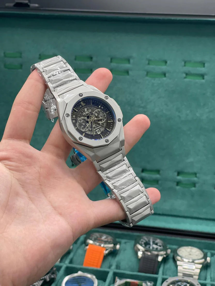 HB Silver Chain Black Chronograph Dial Watch