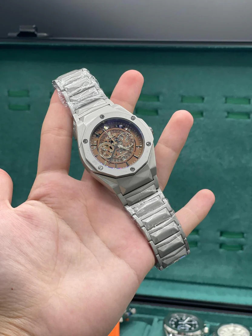 HB Silver Chain Chronograph Brown Dial Watch – Luxury Sport Skeleton Edition