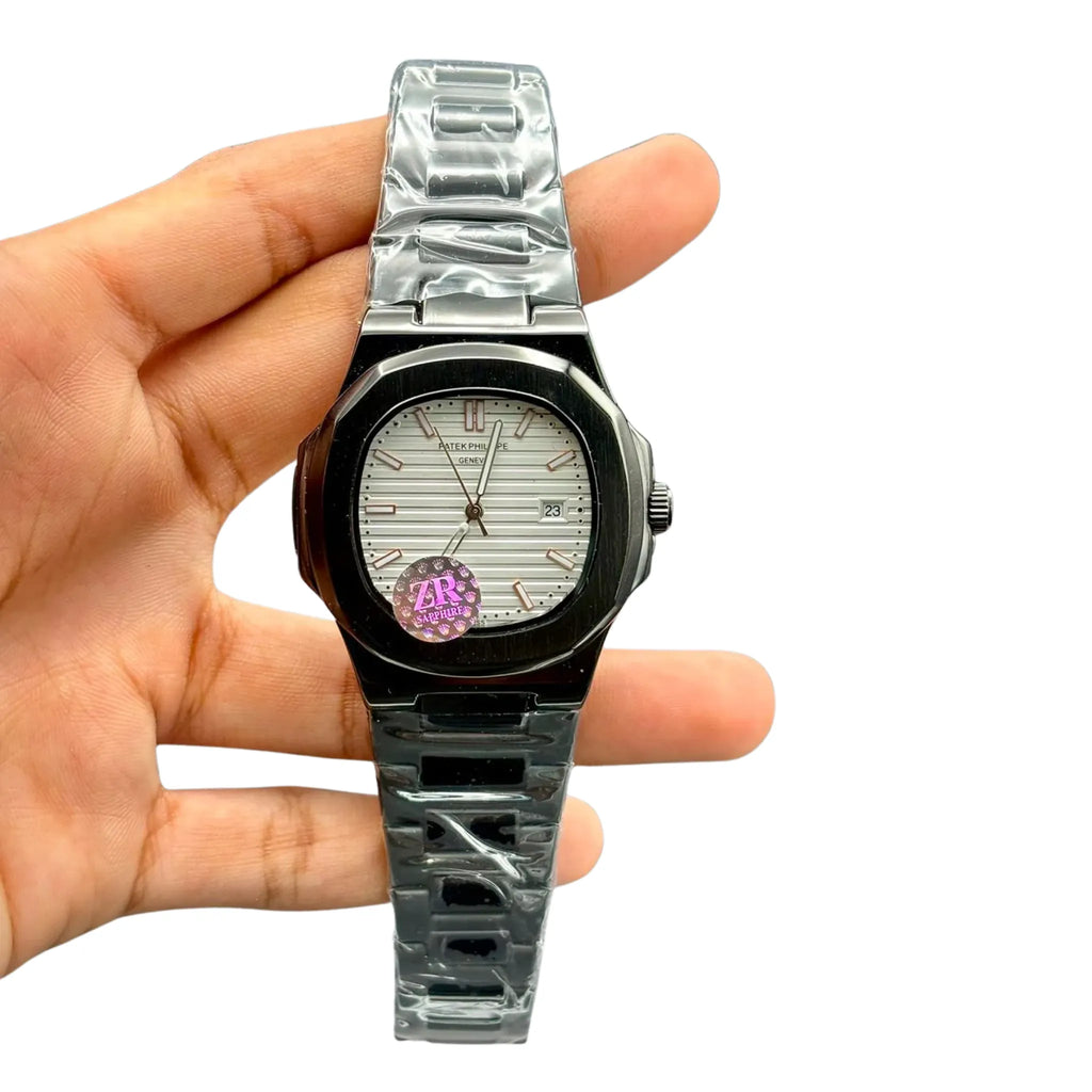 PTK Black Case Luxury Sport Watch _ White Dial Rose Gold Markers _ Steel Bracelet