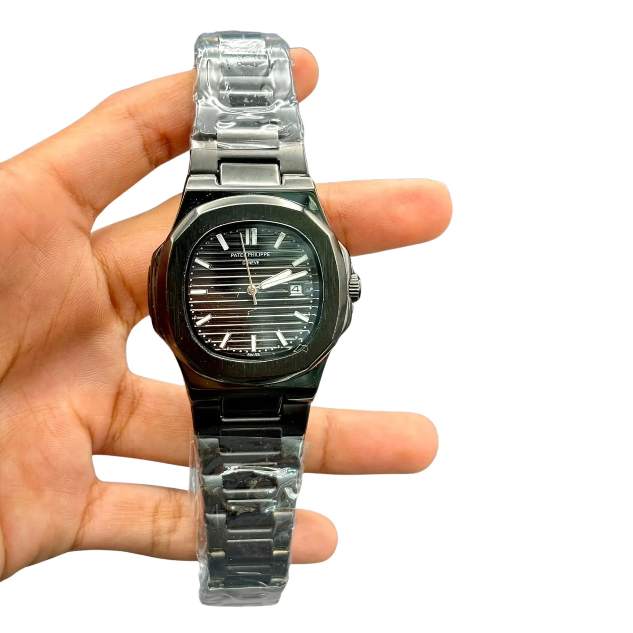 PTK Premium Blackout Octagon Watch – Black Textured Dial _ Steel Bracelet