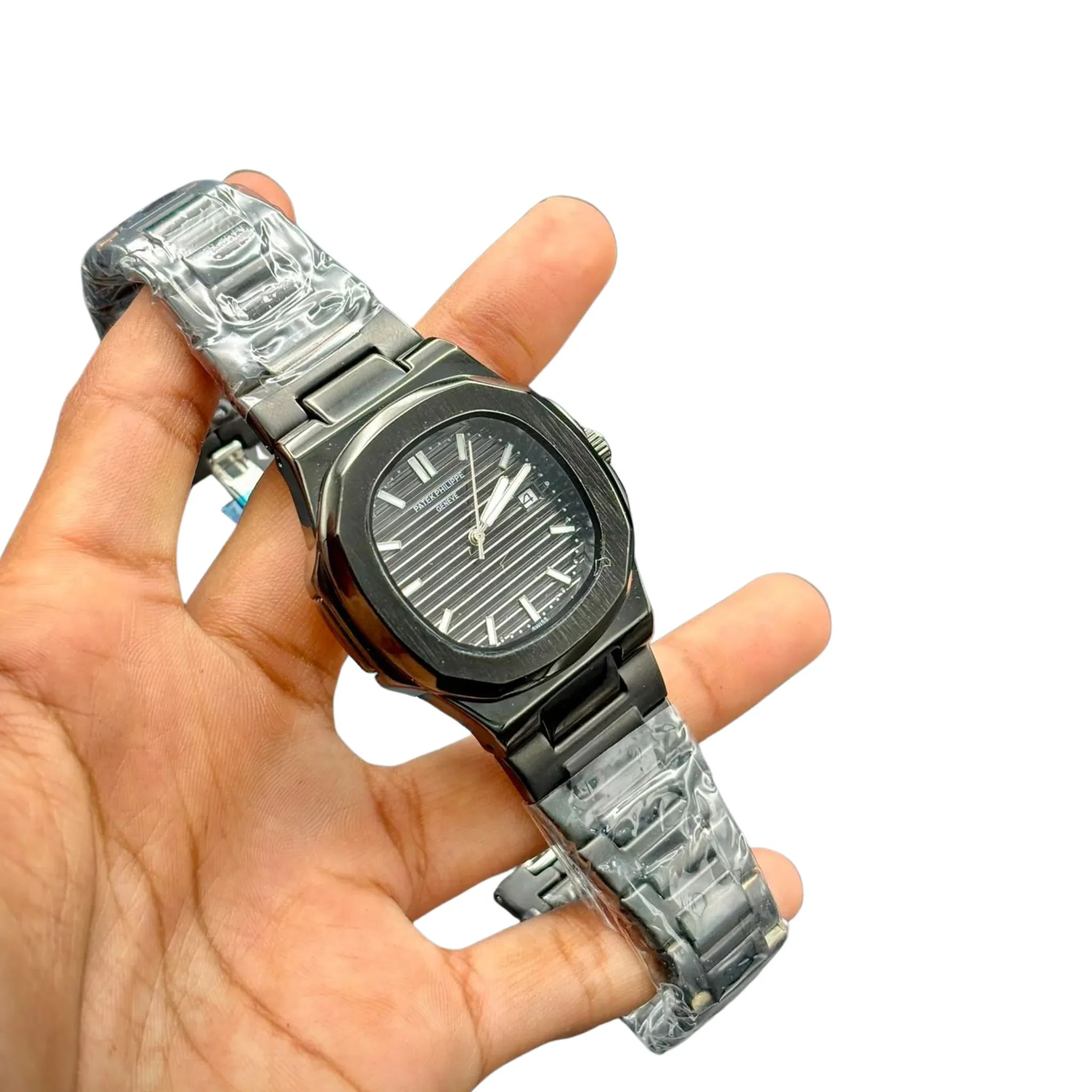 PTK Premium Blackout Octagon Watch – Black Textured Dial _ Steel Bracelet