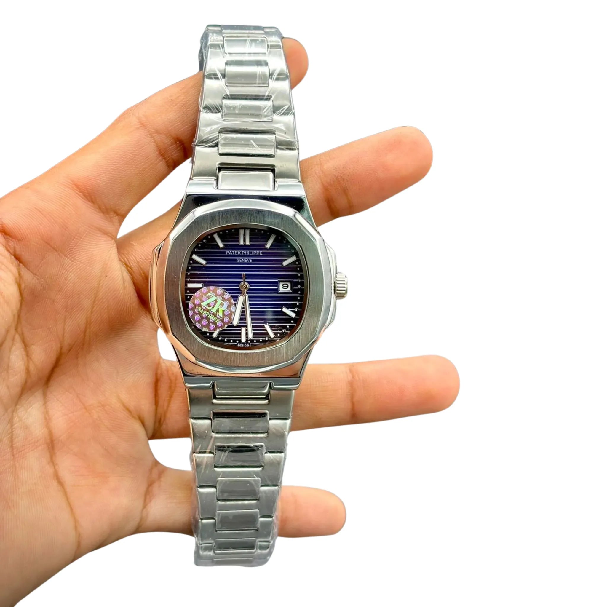 PTK Premium Rounded Octagon Watch – Gradient Blue Textured Dial _ Steel Bracelet