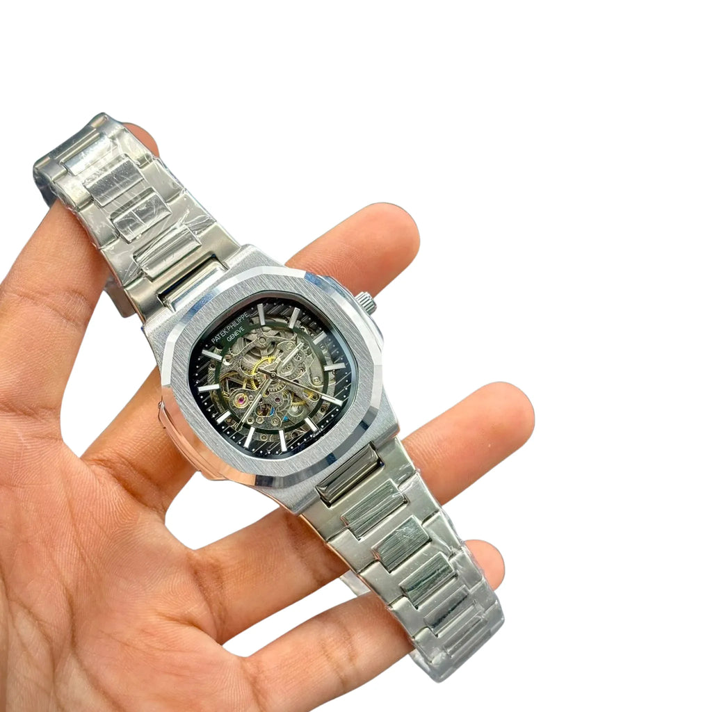PTK Silver Steel Dark Open Heart Dial Watch