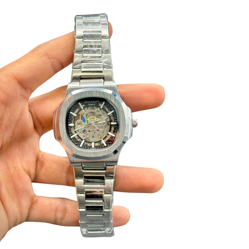 PTK Silver Steel Dark Open Heart Dial Watch