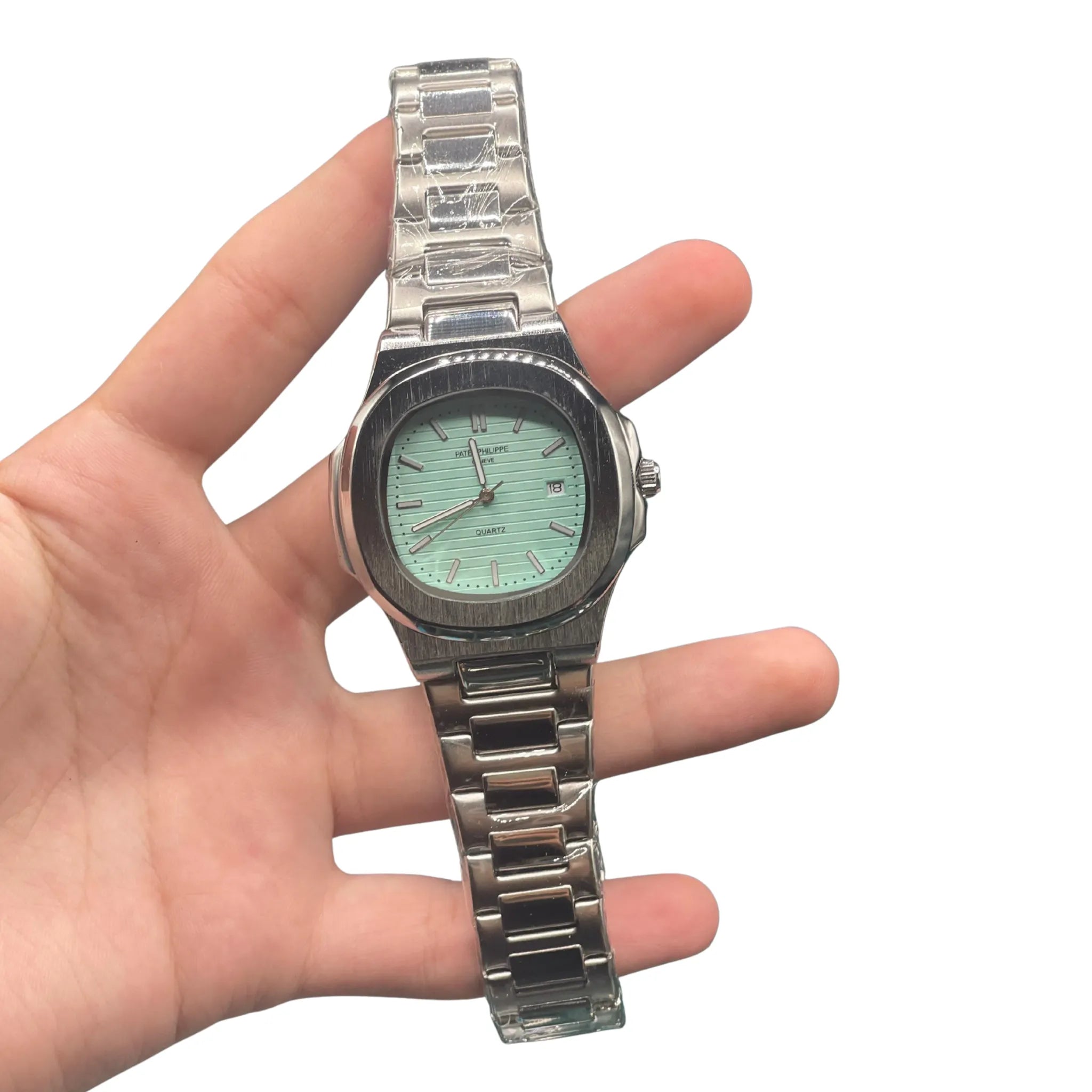 PTK Stainless Steel Luxury Sports Watch with Mint Green Textured Dial, Integrated Bracelet, and Octagonal Case