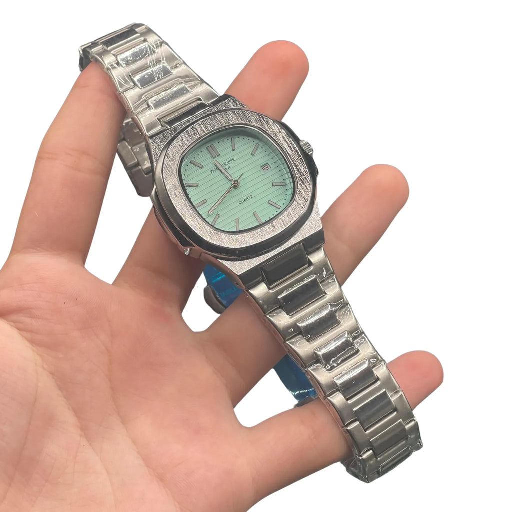 PTK Stainless Steel Luxury Sports Watch with Mint Green Textured Dial, Integrated Bracelet, and Octagonal Case