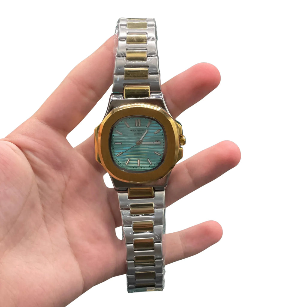 PTK Two-Tone Luxury Sports Watch with Green Textured Dial, Gold Bezel, and Integrated Bracelet