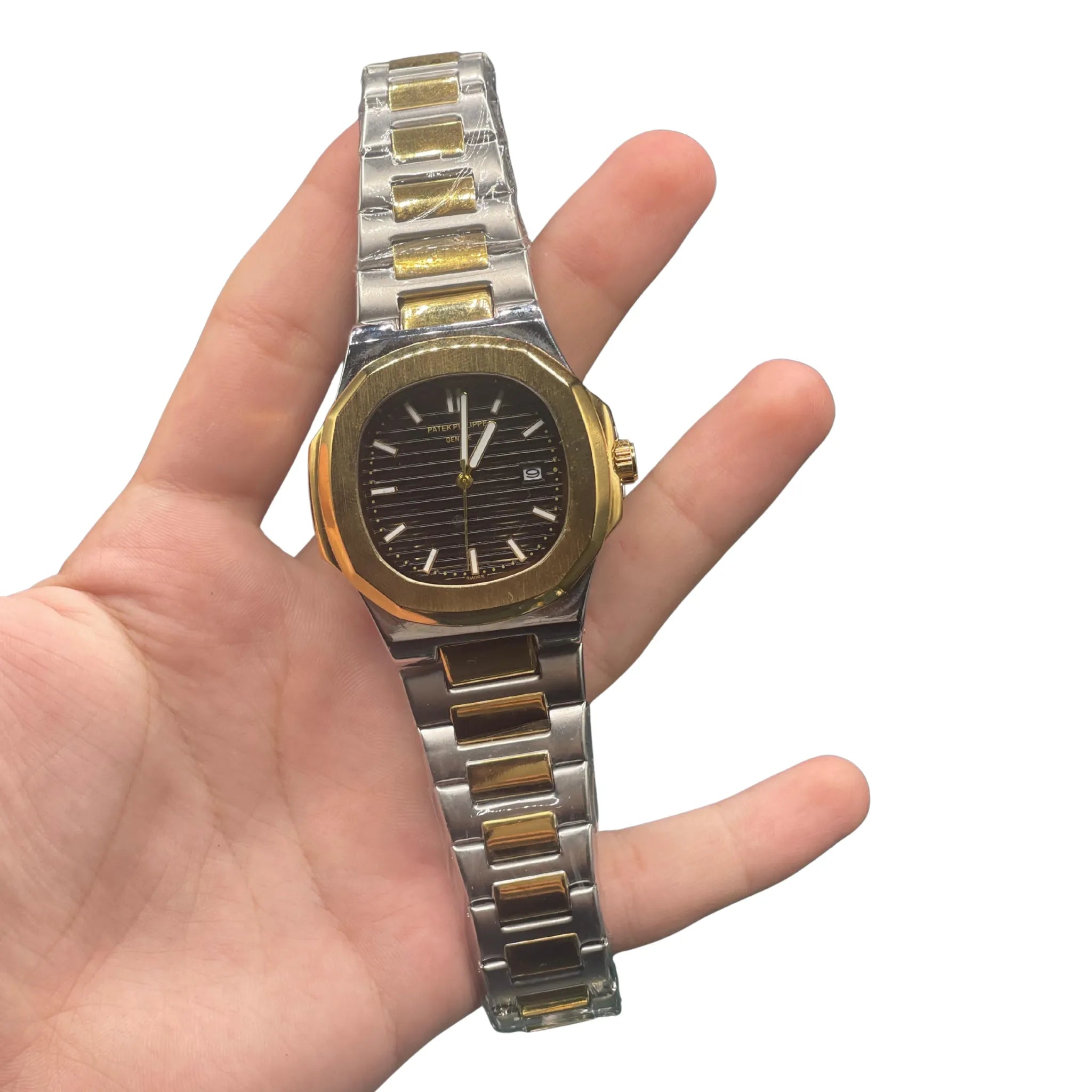 PTK Two Tone Luxury Sports Watch With Black Textured Dial With A Golden Bezel