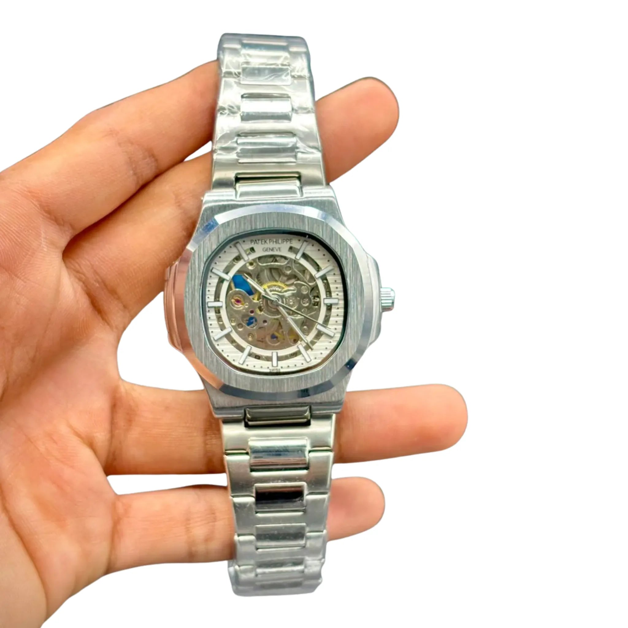 PTK White Skeleton Sliver Case Open Heart Dial