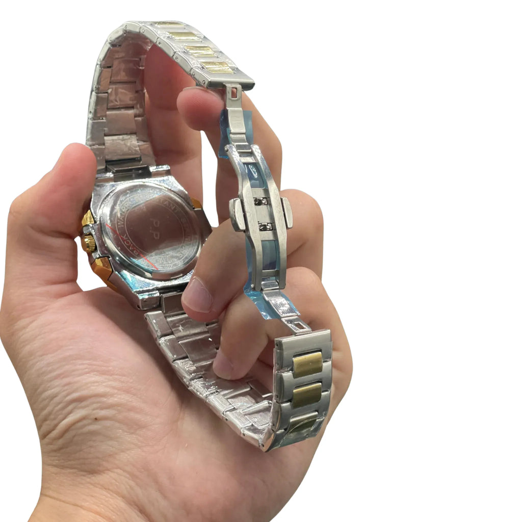 PTK Two-Tone Luxury Sports Watch with Green Textured Dial, Gold Bezel, and Integrated Bracelet