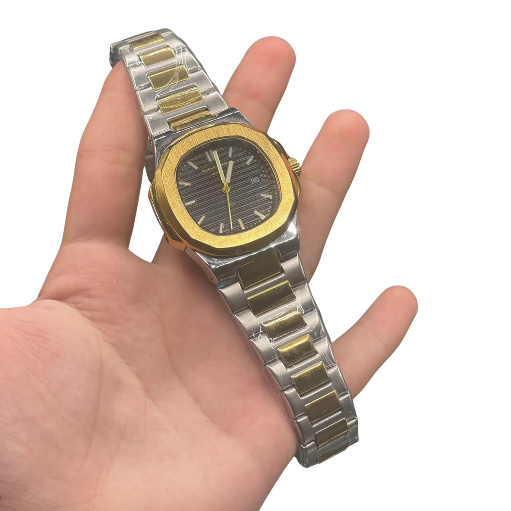 PTK Two Tone Luxury Sports Watch With Black Textured Dial With A Golden Bezel