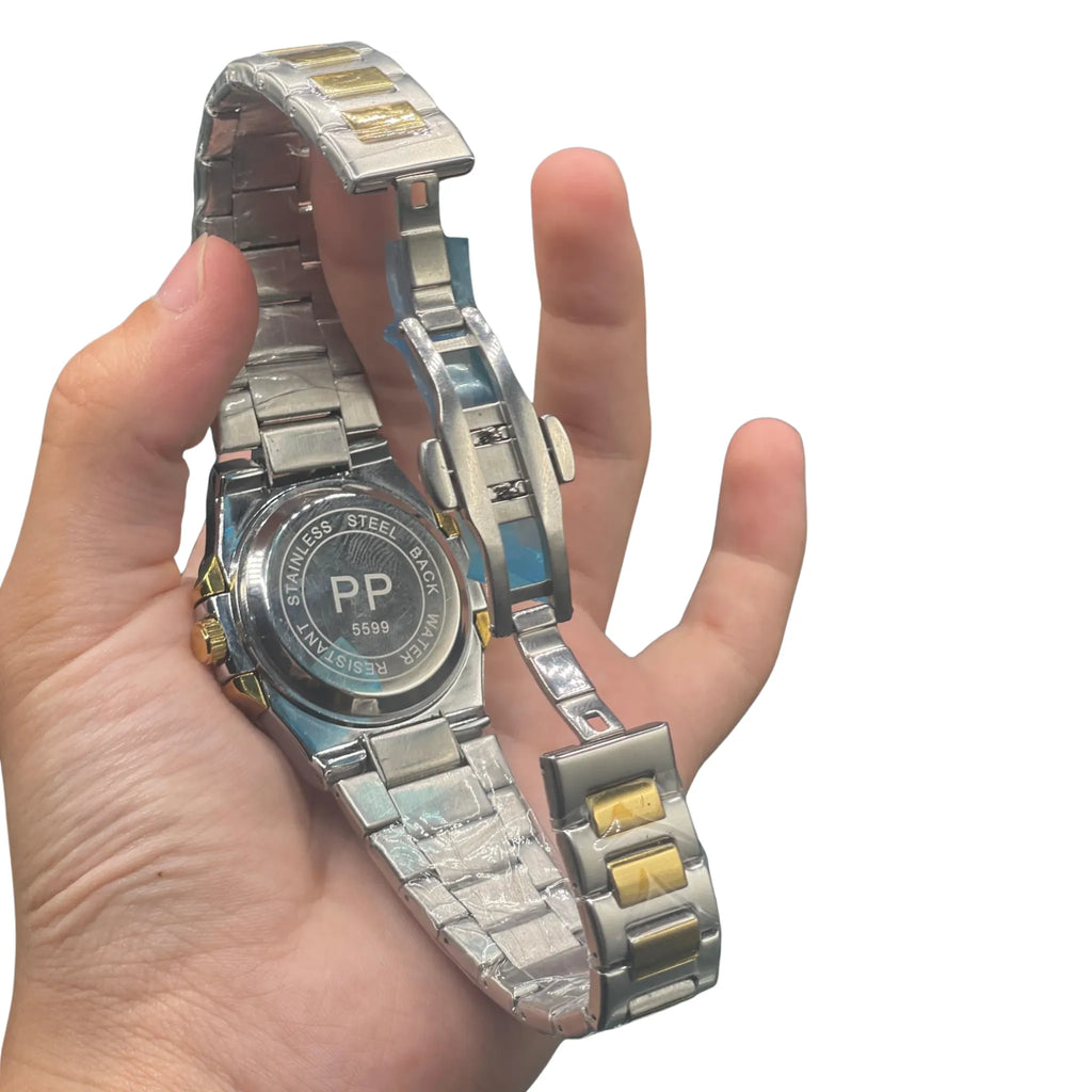 PTK Two Tone Luxury Sports Watch With Black Textured Dial With A Golden Bezel