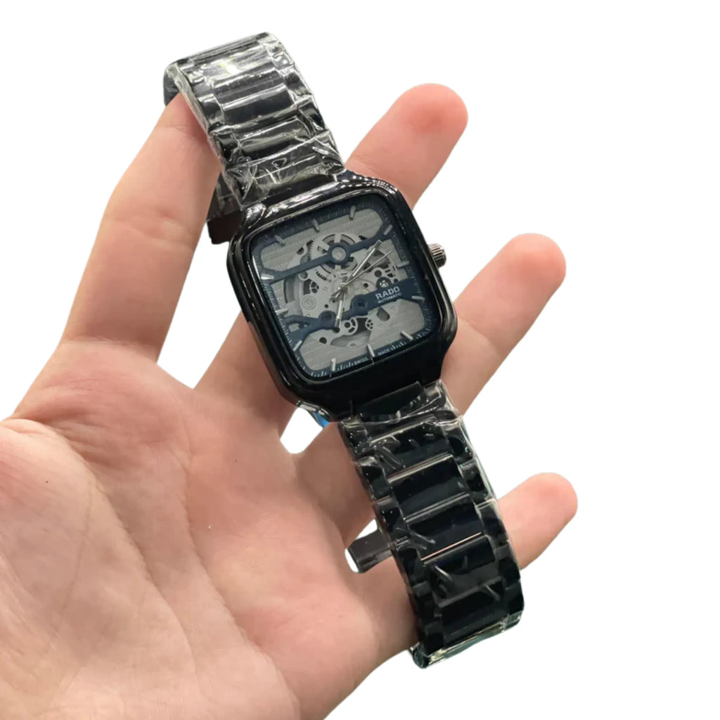 RD Black Square Skeleton Dial Automatic Watch with Glossy Ceramic Case and Bracelet