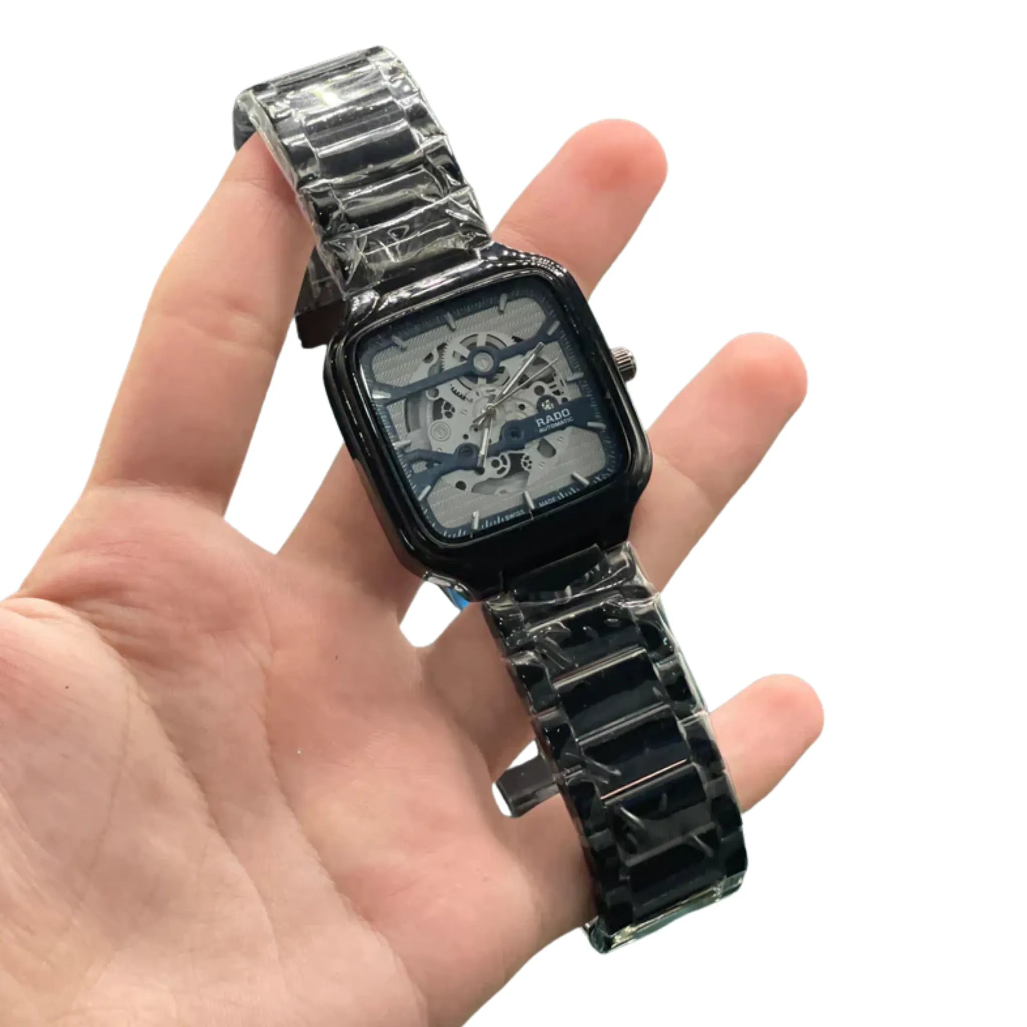 RD Black Square Skeleton Dial Automatic Watch with Glossy Ceramic Case and Bracelet