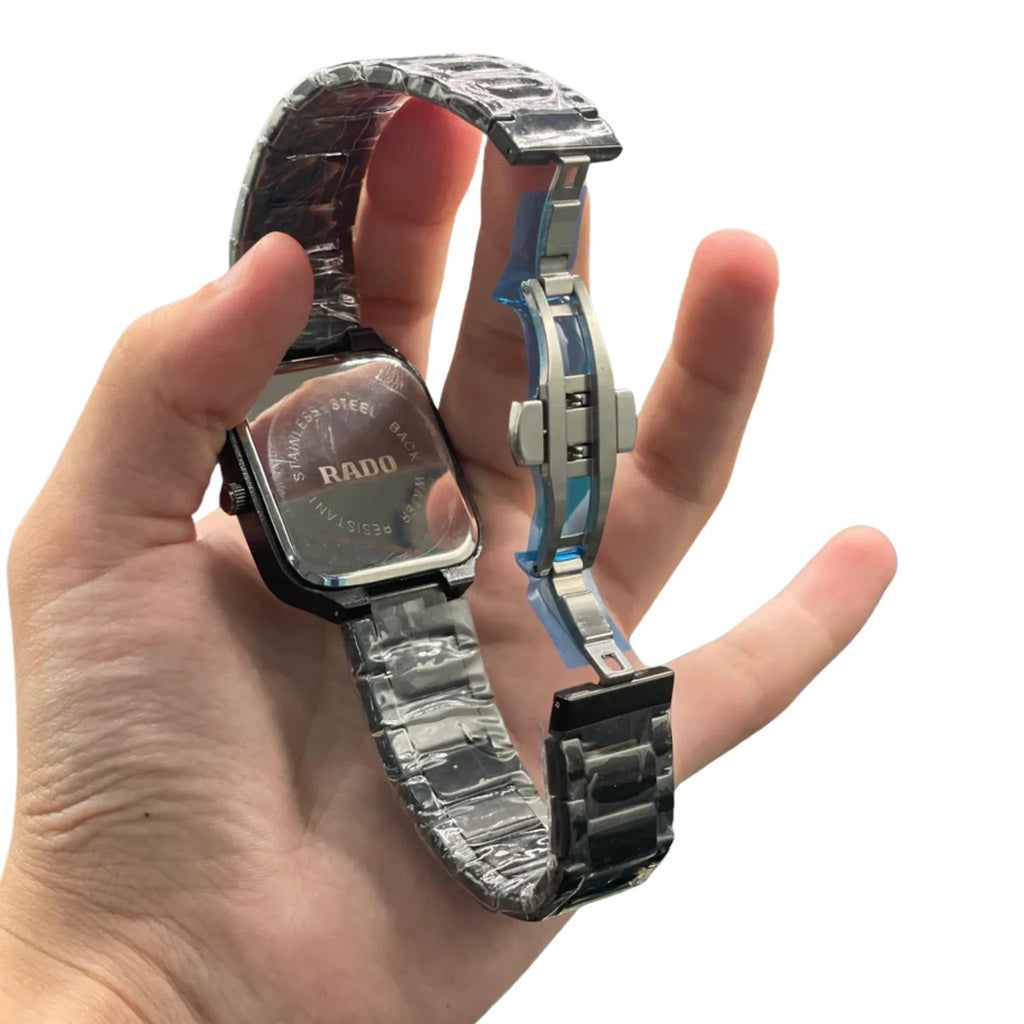 RD Black Square Skeleton Dial Automatic Watch with Glossy Ceramic Case and Bracelet