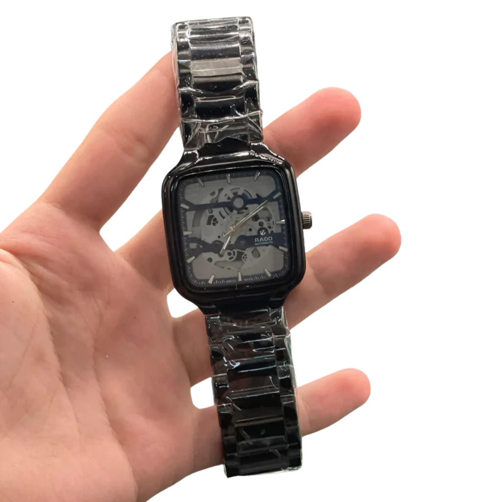 RD Black Square Skeleton Dial Automatic Watch with Glossy Ceramic Case and Bracelet